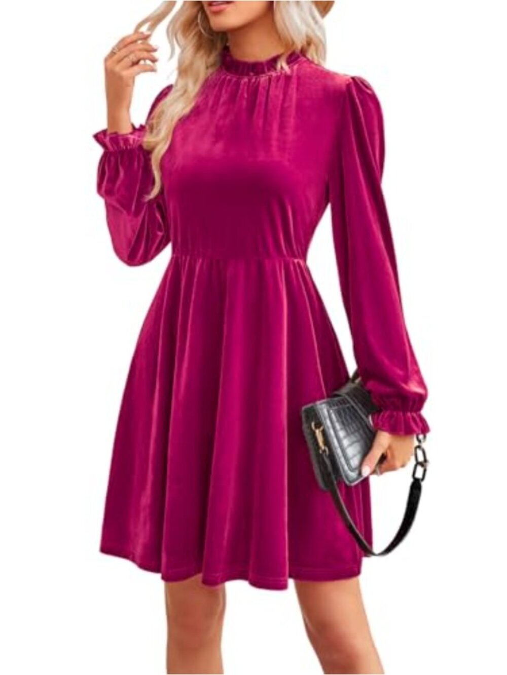 Women's Velvet Ruffle Dress Puff Sleeve Skater A-line Long Sleeve Cocktail Party